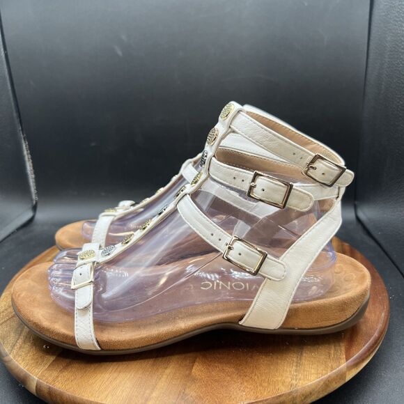 Vionic Hailey Sandals Womens Size 9 White Leather Embellished Strappy Gladiator - Picture 1 of 9